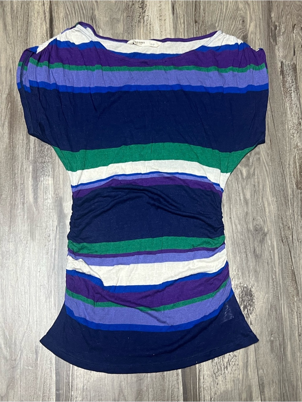 Old Navy Rayon Linen Ruched Striped Top Boatneck Cap Sleeve Blue Purple S